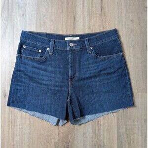 Levi's Blue Denim Shorts Size 31 (12) Stretch Cut Off 3.5" Dark Wash Classic EUC